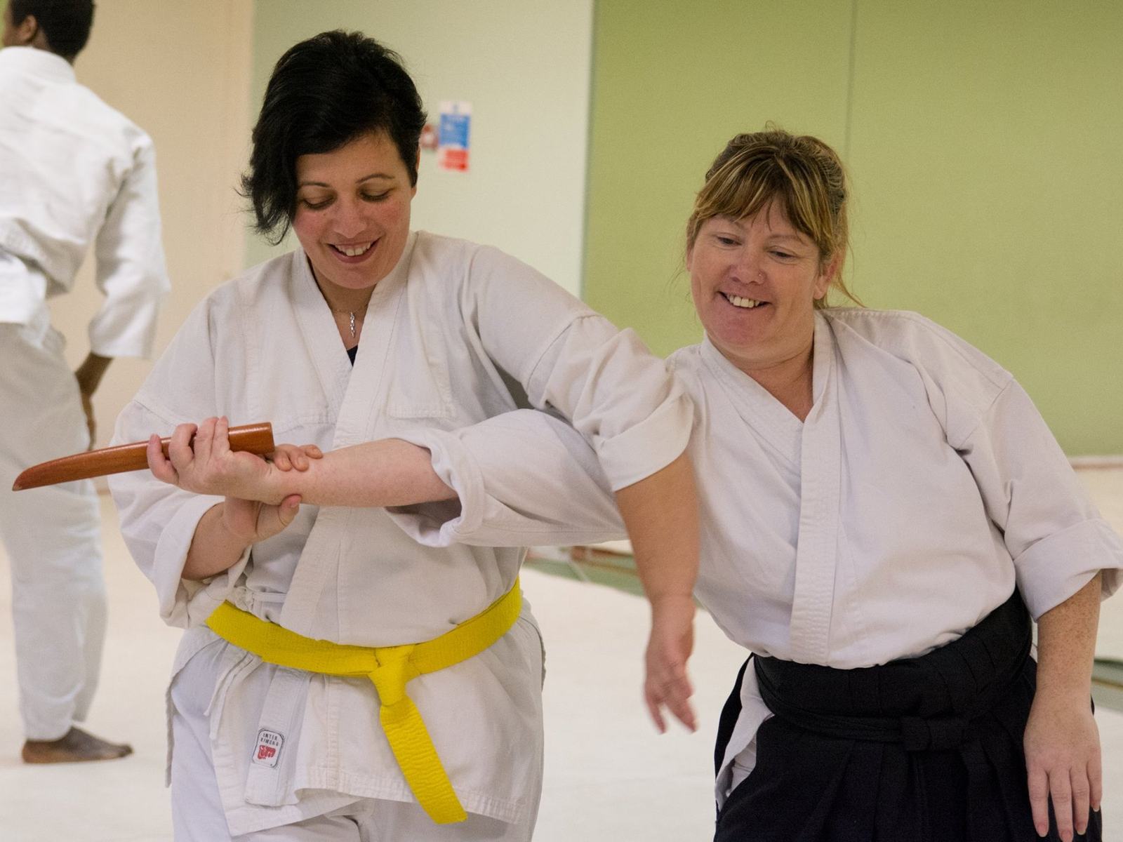 Adult students practising Aikido techniques in hakama